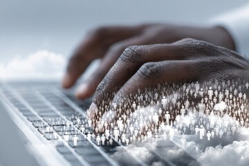 Close-up of hands typing on a laptop, with digital people icons overlayed
