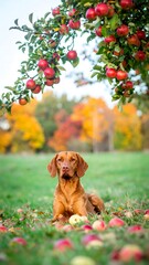 Dog resting under apple tree in autumnal park