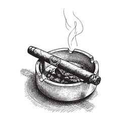 Smoking cigar and ashtray engraving vector style