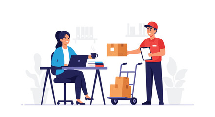 Fototapeta premium A courier delivers a package to a woman working at her desk.