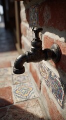 Rustic outdoor faucet mounted on brick and tile