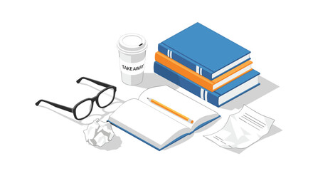 A pile of books and a notebook with a pencil on a table.