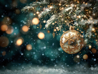 Beautifully decorated Christmas tree branch with golden snowflake ornament and twinkling lights creates festive and magical winter atmosphere. Snow gently falls, enhancing holiday spirit