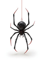 Black widow spider hangs suspended from a thin red thread against a stark white backdrop, creating a sense of unease and anticipation.