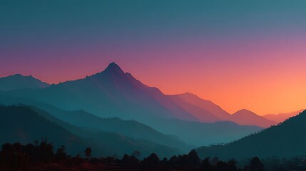Breathtaking mountain silhouette during dusk, with the sky painted in gradient colors, offering a vast, empty canvas perfect for inspirational quotes, nature campaigns, or adventure marketing.