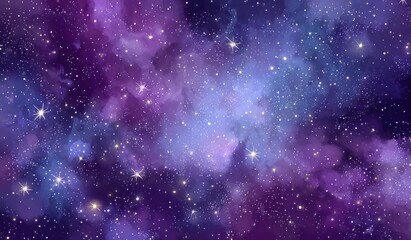 An ethereal expanse showcasing vibrant purple and blue watercolor washes interspersed with glittering stars, evoking a sense of cosmic wonder and mystery