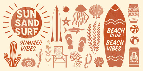 Retro summer beach vibes collection with sun sand surf and beach club text