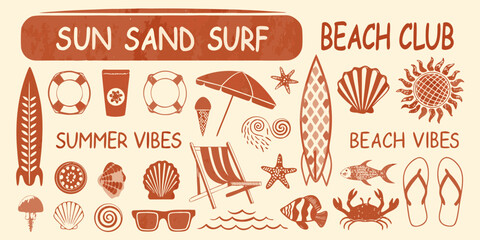 Collection of summer beach elements sun sand surf beach club summer vibes and beach vibes
