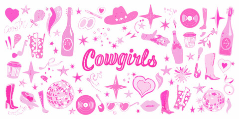 Pink cowgirl themed collage of icons and illustrations with the word cowgirls in the center