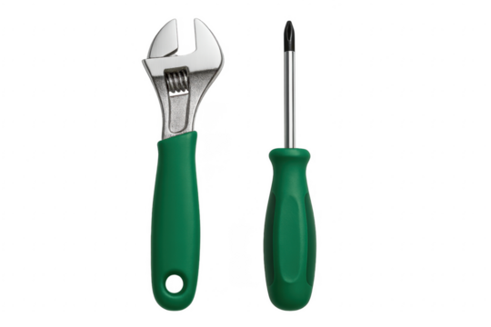 Adjustable wrench and screwdriver with green handles on transparent background