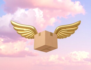 A cardboard box with golden wings floats in a pastel sky