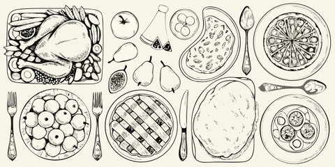 Obraz premium Hand drawn illustration of a festive meal with roasted turkey pie fruits and vegetables on a light background