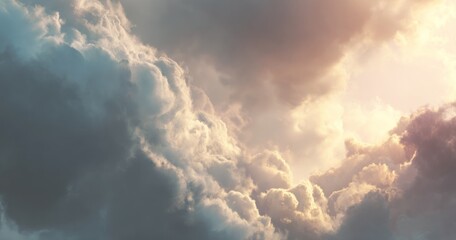 Obraz premium Dramatic cloudscape with contrasting light; shadows, warm hues, and ethereal glow peeking through fluffy formations creating a beautiful view