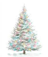 Fototapeta premium Beautifully decorated Christmas tree with colorful lights and ornaments stands against white background, evoking festive and joyful atmosphere