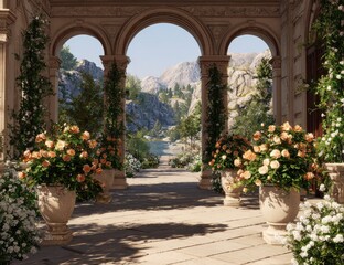 Elegant Terrace with Floral Arrangements and Mountain Vista.