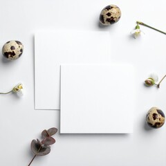 Two white square cards are surrounded by quail eggs, small white flowers, and eucalyptus leaves on a bright, simple white background