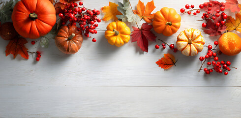 Pumpkins and berries arranged on white wooden surface creating a festive autumn harvest display with vibrant colors and a rustic, seasonal vibe.