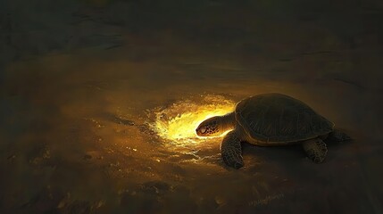 A calm, sunset - like night scene shows a close - up of a turtle carefully digging a hole in the wet, 