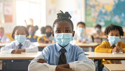 A diverse classroom of students, masked, sits at desks facing forward, bathed in sunlight with world map in background