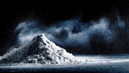 Powdered Substance Pile with Cloud-Like Effect in Dark Background.