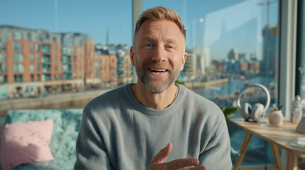 formal. Focused male professional at a minimalist desk, bathed in soft left-side window light. pitch deck slides, case study pages, designed for corporate presentation decks and stakeholder reports.