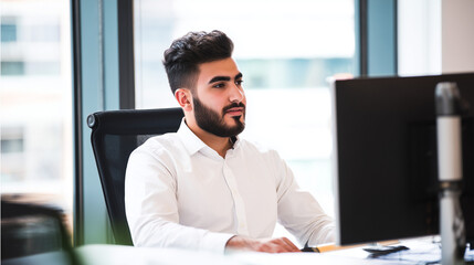 Obraz premium formal. Focused male professional at a minimalist desk, bathed in soft left-side window light. pitch deck slides, case study pages, designed for corporate presentation decks and stakeholder reports.