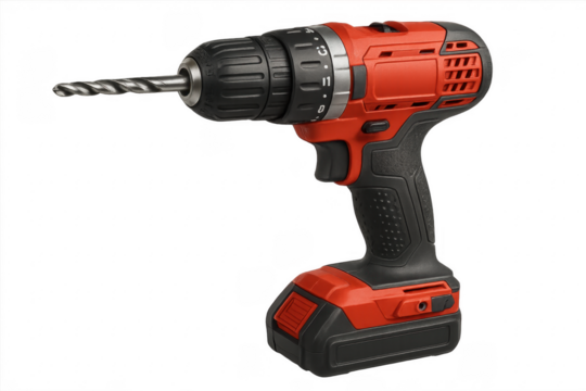 Red and Black Cordless Drill with Drill Bit on Transparent Background