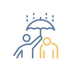 Person holding umbrella to protect another icon. Thin line vector illustration with editable stroke for help, kindness, support, friendship, protection, empathy and mental health concepts