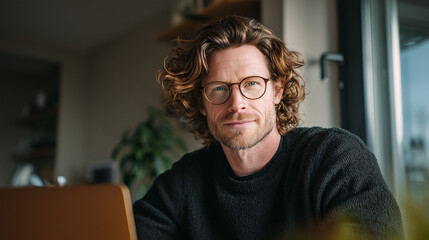 formal. Focused male professional at a minimalist desk, bathed in soft left-side window light. pitch deck slides, case study pages, designed for corporate presentation decks and stakeholder reports.