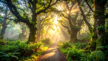Fototapeta premium A sun-drenched forest path leads through lush greenery, illuminated by golden light filtering through towering trees. A tranquil and verdant scene