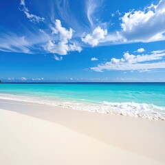Obraz premium Sunny beach with white sand meeting turquoise ocean under a bright blue sky filled with fluffy clouds on a beautiful tropical day
