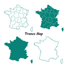 Teal France Map Outlines Four Versions on White Background
