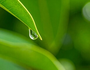 Close-up of a dewdrop clinging to a vibrant green leaf