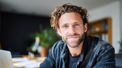 Fototapeta premium formal. Focused male professional at a minimalist desk, bathed in soft left-side window light. pitch deck slides, case study pages, designed for corporate presentation decks and stakeholder reports.