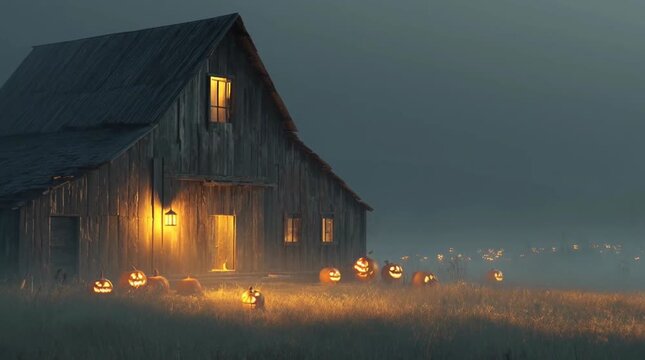 An old wooden barn glows warmly against a dark, foggy field at night. Jack o' lanterns illuminate the scene, creating an eerie yet captivating atmosphere.