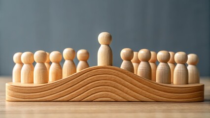 leadership community figure wooden unity concept. Wooden figures representing leadership and teamwork on a wave-shaped base.