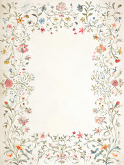 Fototapeta premium Delicate floral border with intricate patterns of colorful flowers and leaves light background, creating elegant and vintage feel. design is symmetrical and ornate, perfect for invitations