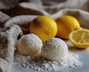 Sweet lemon cookies dusted with powdered sugar and fresh lemons.