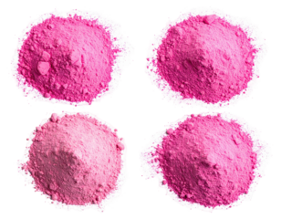Four piles of vibrant pink powder
