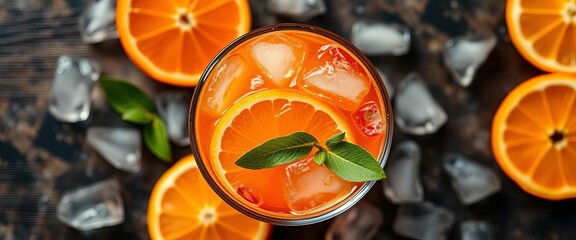 Refreshing orange spritz cocktail in glass with ice cubes, top view,   restaurant,   juicy