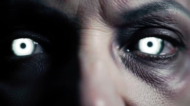 The piercing, luminous white eyes of a mysterious figure in profound shadow, an intense and unsettling gaze that suggests a supernatural or altered state