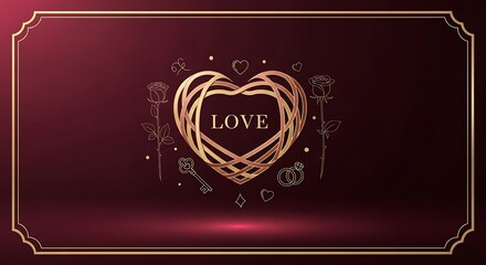 Elegant golden heart with 'LOVE' inscribed, surrounded by romantic symbols on a rich burgundy background.