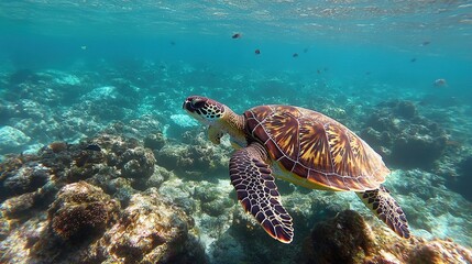 a turtle swimming gracefully in a natural Caribbean underwater environment, 