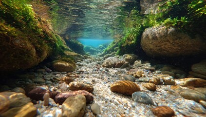 Underwater view of a clear river flowing through a rocky gorge with lush green vegetation.