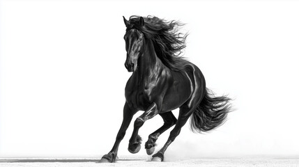 白黒のかっこいい馬が走る写真