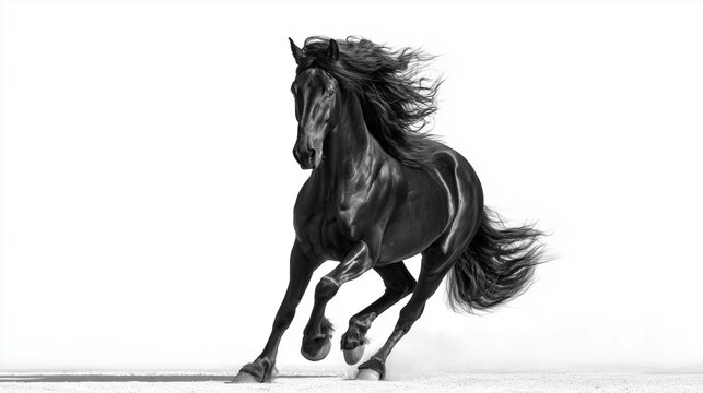 白黒のかっこいい馬が走る写真