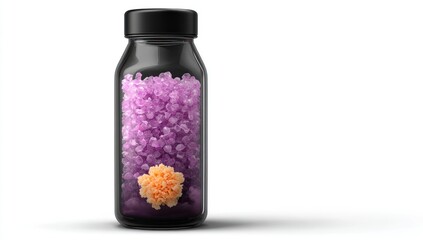 A glass bottle filled with vibrant purple and orange crystalline structures displays a captivating visual.