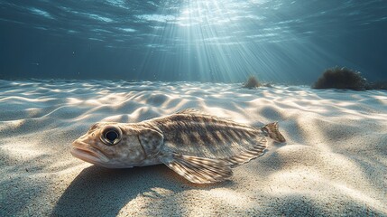 A realistic underwater photograph showing a tranquil sandy seabed, with a flatfish