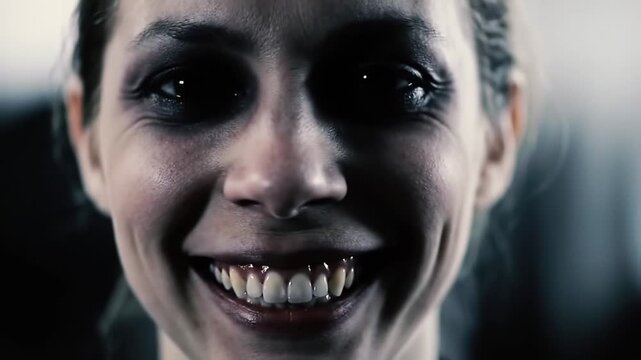 Creepy Close-Up of a Smiling Woman with Dark Eyes