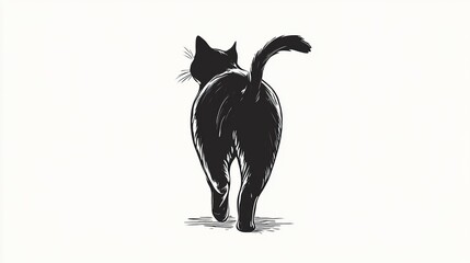 Cartoon black cat walking away, rear view, tail raised high, head turned back to look at viewer, 